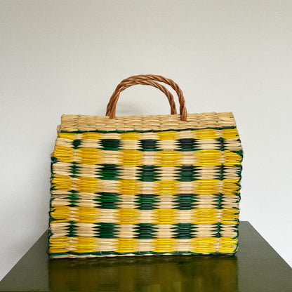 handwoven green and yellow check basket | medium