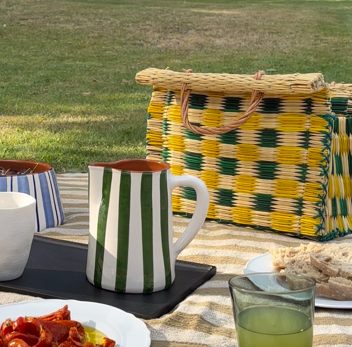 handwoven green and yellow check basket | medium