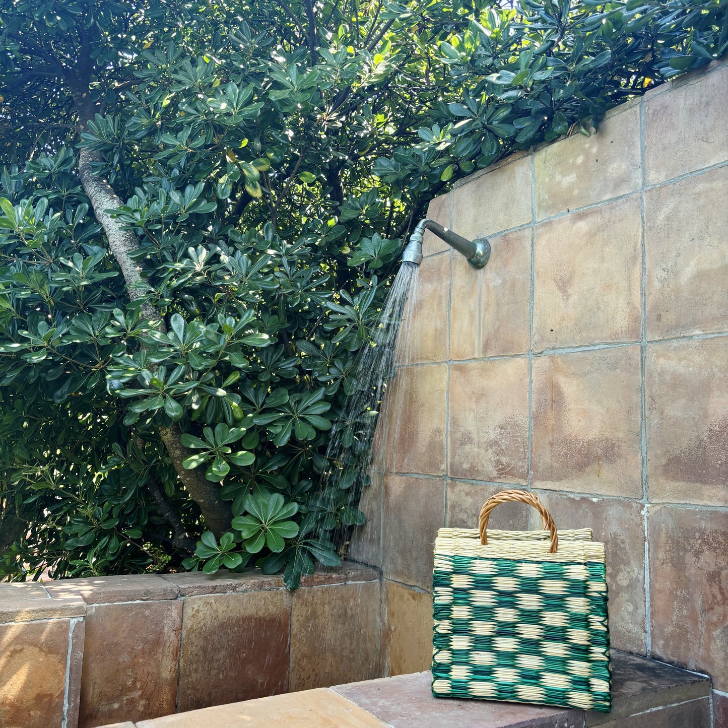 handwoven green check basket | small