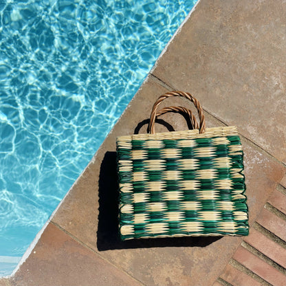 handwoven green check basket | small