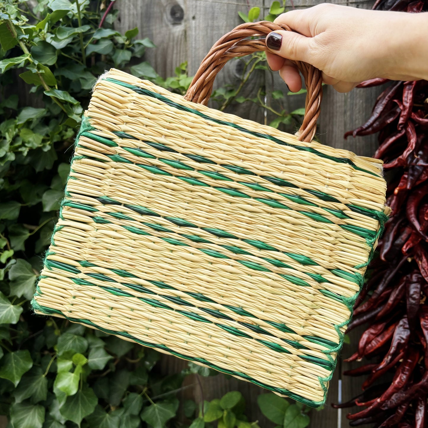 handwoven green stripe basket | small