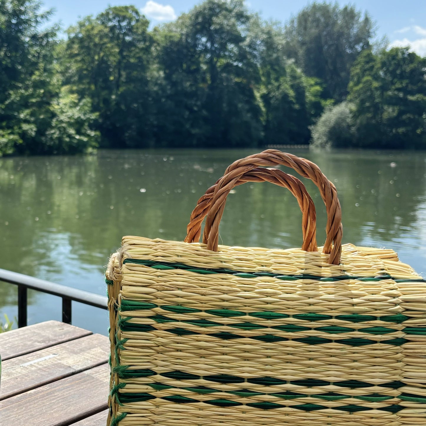 handwoven green stripe basket | small